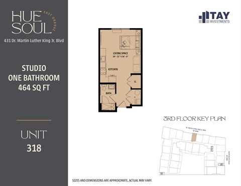 Floor plan for studio, 1 bath, 464 sqft